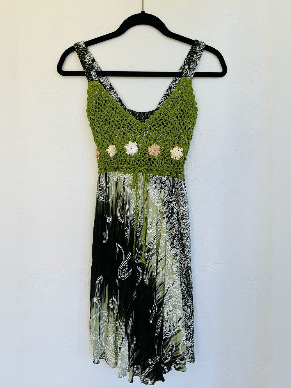 Boho Green Floral Crochet Smocked Bodice Dress
